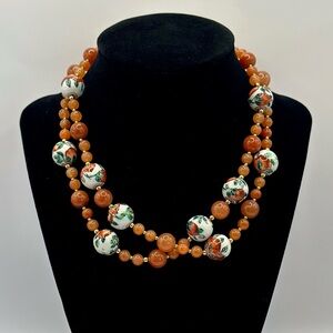 Vintage 28” Carnelian & Hand Painted Porcelain Bead Necklace | 1/20 14K GF Clasp